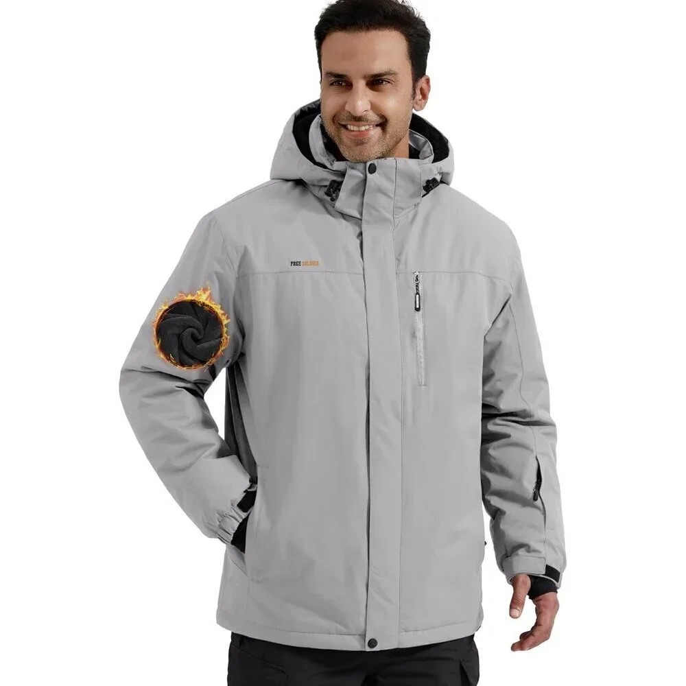 Men's Light Gray Waterproof Ski Snow Fleece Lined Warm Winter Rain Jacket